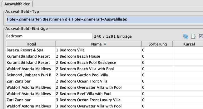 Stammdaten individuelle Hotel Zimmerarten